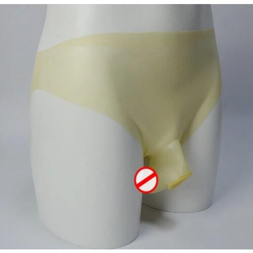 Sexy Latex T Shorts Briefs with Ball Cock Bondage Penis Half Cover Underpants Seamless Men Rubber Underwear Shorts Panties