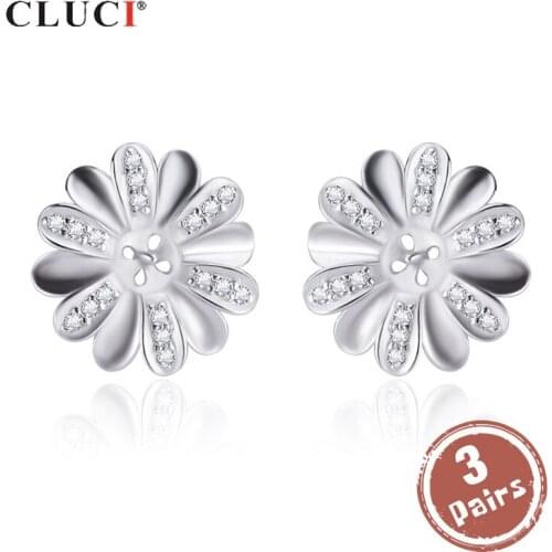 CLUCI 3 pair Authentic 925 Sterling Silver Women Flower Pearl Ring Mounting for Wedding Sterling Silver Zircon Earrings SE150SB