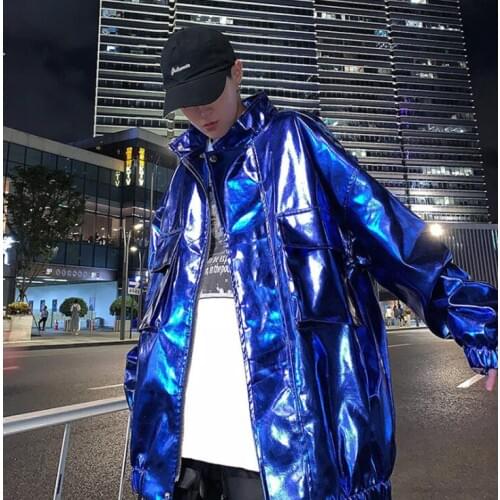 Blue mens leather jacket loose pu motorcycle coat men glossy clothes singer personalized stage street dance rock fashion