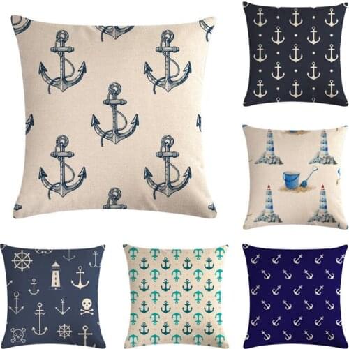 Mediterranean Sea Blue Compass Anchor Pillow Cover Home decorative Marine Ship 45x45cm Cotton Linen Lighthouse PillowCase