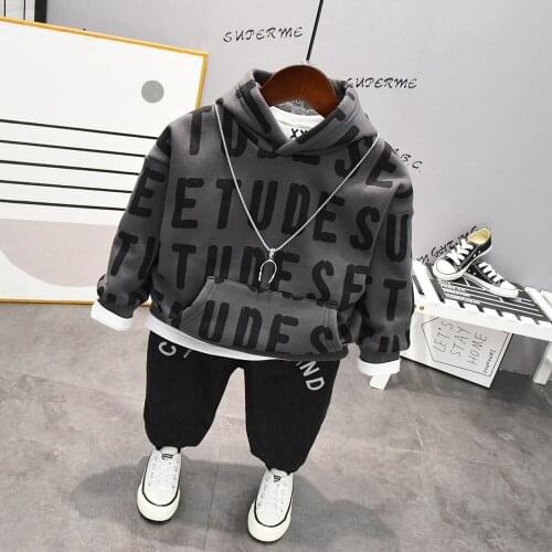 2021 Spring Autumn New Boys Fashion Sets Kids Velvet Print Sweatshirt+jeans 2pcs Sets Toddler Outwear Kids Hooded Tracksuits Set