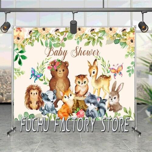 Flowers Cartoon Animals Woodland Party Backdrops Baby Shower Newborn 1st Birthday Photography Backgrounds Customized Vinyl