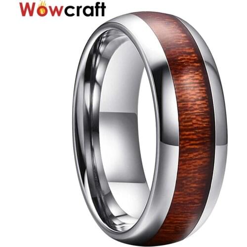 8mm Vintage Wedding Bands Wood Inlay Tungsten Carbide Rings for Men Dome Band Polish Shiny Comfort Fit Wedding Ring