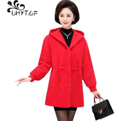 UHYTGF Quality Mink Cashmere autumn winter coat womens fashion hooded knit cardigan coats Female loose 3XL plus size jacket 964