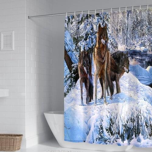 3D Wolf Snow Mountains Shower Curtains Wild Animal Natural Landscape Bathroom Partition Cloth Curtain Set Bathtub Decor