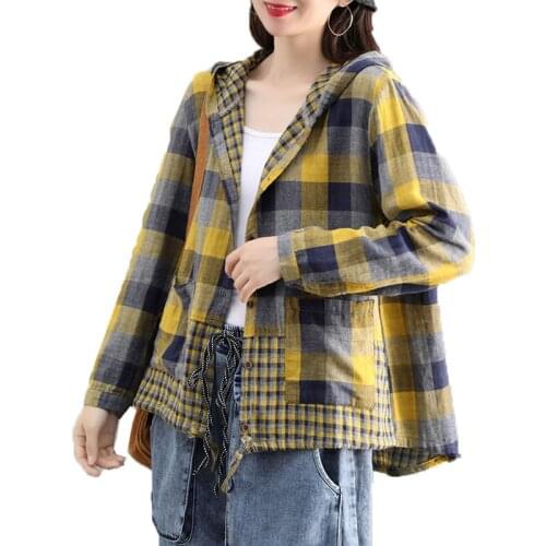 Thin Coat New Spring Autumn Women Short Jacket Large Size Loose Cotton Yarn Lattice Hooded Outwear Female Shirt Jacket Tops