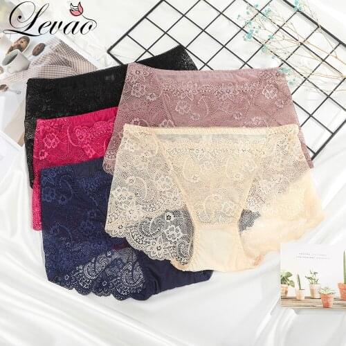 LEVAO Summer New Sexy Lace Womens Underwear Mid-waist Hip-up Briefs Feminine Breathable Comfortable Underwear Seamless Panties