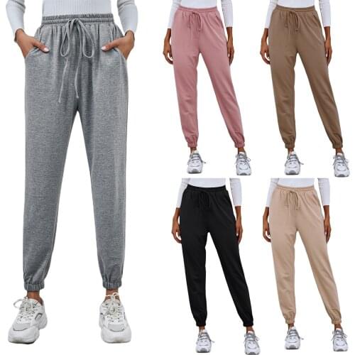 Womens versatile casual sports pants, high waist and wide leg pants, high elastic belt pocket lace up casual sports pants