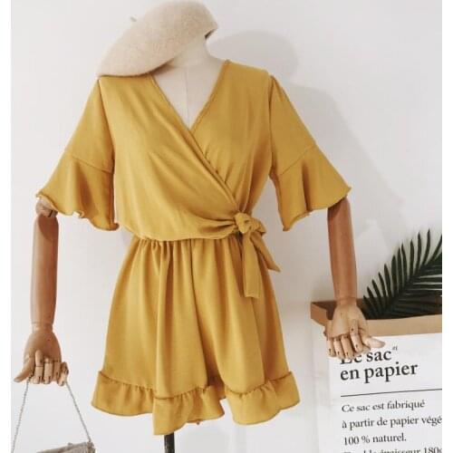 Echoine Solid Short Sleeve Ruffle Women Rompers casual wide leg pants overalls short sleeve v neck solid playsuits summer beach