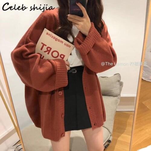 SHIJIA Black Knitted Cardigan Woman V-neck Fall 2021 Loose Style Long Sleeve Knitted Coat Korean Fashion Sweater Jacket female