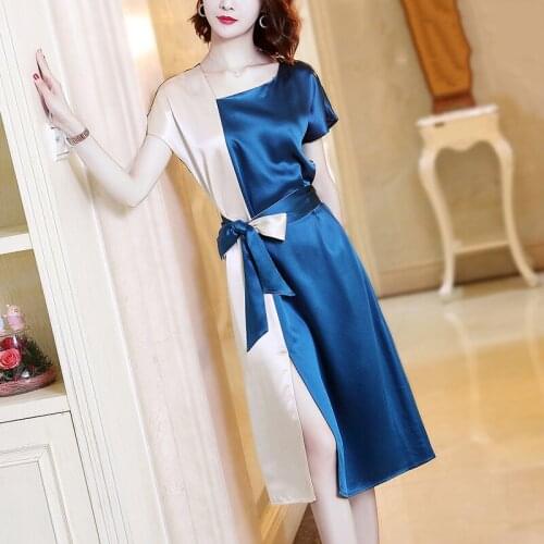 Female Irregular Collar Satin Stitching Color Split Fork Loose Midi Dress Summer Short Sleeve Elegant Casual Women Vestidos