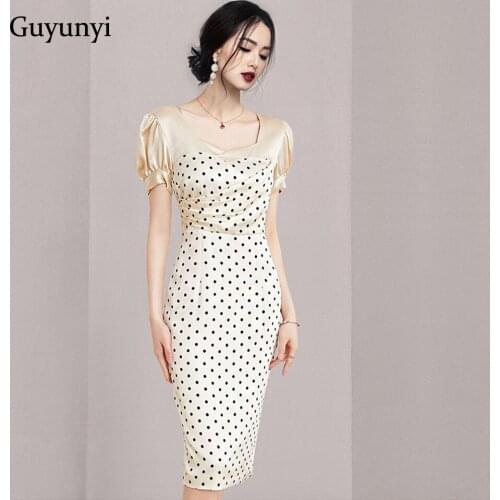 High Waist Tight Office Lady Dress 2021 Summer Simple Elegant Square Neck Puff Sleeve Polka Dot Temperament Party Dress Women