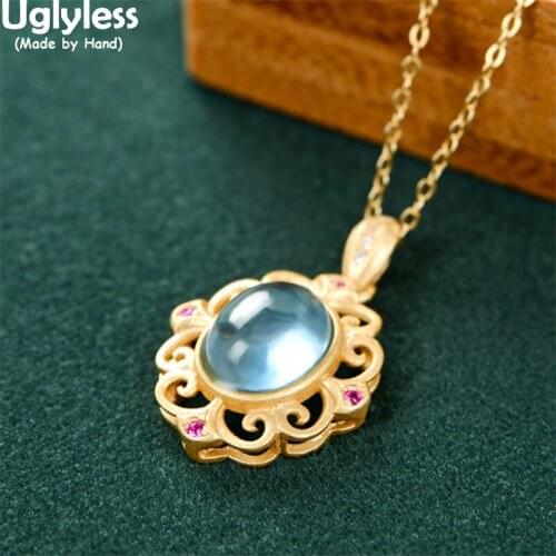 Uglyless Natural Aquamarine Pendants Necklaces No Chains Palace Vines Frame Necklaces for Women Real 925 Silver Vintage Jewelry
