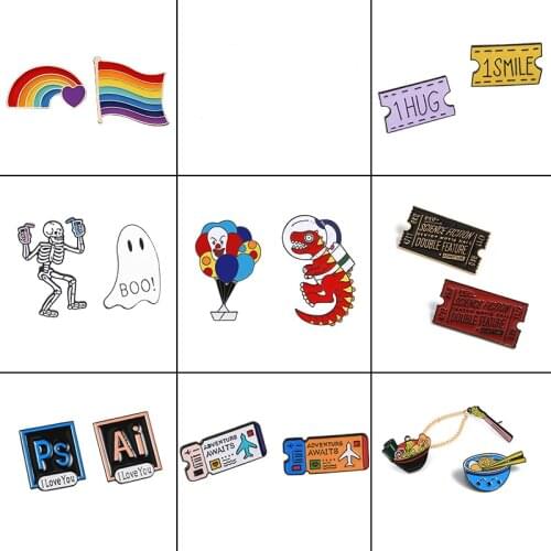 2pcs/set Brooches and Pins PS AI Icon Cat Food Animal Set Skull Rainbow Movie Ticket Dinosaur Enamel Pins Badges Cartoon Jewelry