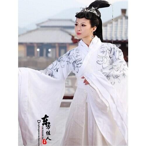 2014 New Design White Embroidery Hanfu Costume with Long Tail Drama Costume TV Play The Legend of Female Court Officer Luzhen