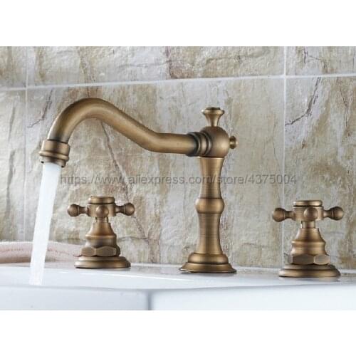 3 Hole Antique Brass Deck Mounted Bathroom Mixer Tap Bath Basin Sink Vanity Faucet Water Tap Bath Faucets Nnf202