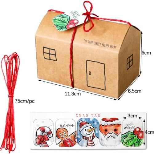 5sets House Shape Kraft Paper Box Merry Christmas Santa Claus Gift Box Xmas Party Candy Cookie Bag Packaging Boxes with Tag Rope