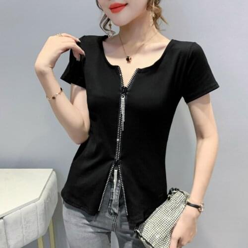 #6101 Black White T Shirt Women Summer Short Sleeve T Shirt Female O Neck Zipper Short T Shirt Slim Streetwear Womens Tee Shirts