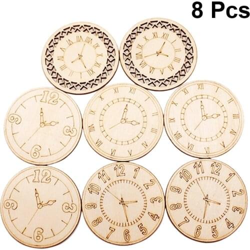 8pcs Round Chips Handmade Wooden DIY Crafts Clock Pattern DIY Woodcuts Wood Discs for Wedding Birthday Party Centerpiece