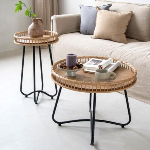 Retro natural Japanese rattan round small tea table handmade, bedside sofa side table