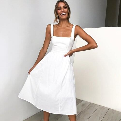 Summer Sexy Backless Strap Women Dress High Waist Sleeveless Solid A-line Beach Party Dresses Woman Casual Simple Femme Robe