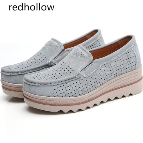 Spring Women Flat Platform Slip On Loafers Shoes Lady Sneakers Shoes Suede Leather Hollow Casual Shoes Flats Moccasins Creepers