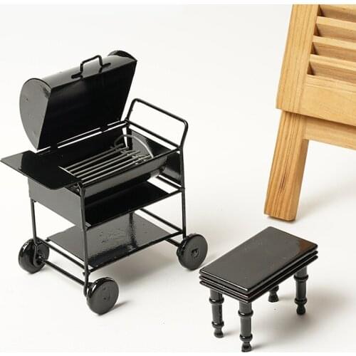 Miniature BBQ BBQ Grill Trolley For 1/12 Dollhouse Garden Decoration - Black