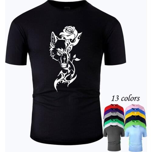 Wolf and Rose Line Art O Neck Cotton T Shirt Men and woman Unisex Summer Short Sleeve Designed Simple Style Casual Tee m01022