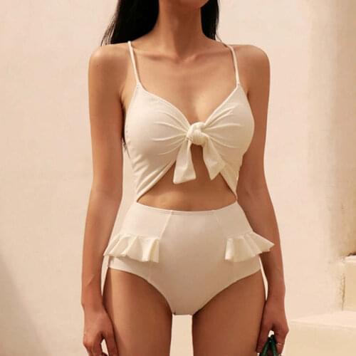 2019 new Korean version of the solid color bikini sexy slim hollow beautiful back size chest gathered Siamese swimsuit