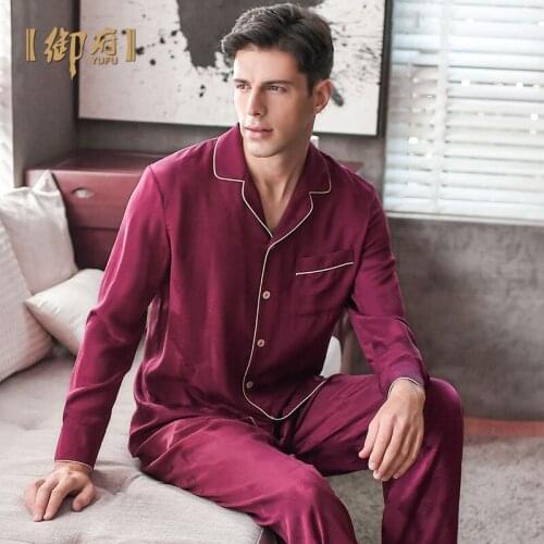 Yufu jacquard heavy silk pajamas mens shirt style long sleeve cardigan 100% Silk home wear two piece suit