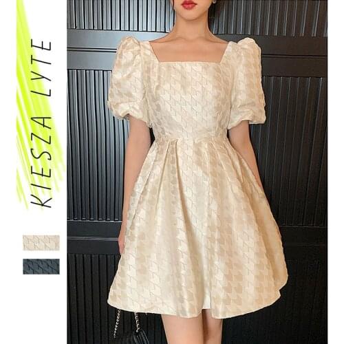 Summer Dress 2021 Sexy Square Neck Beige White Bubble Sleeve Bowknot High Waist Party Dresses Robes de Cocktail for Women