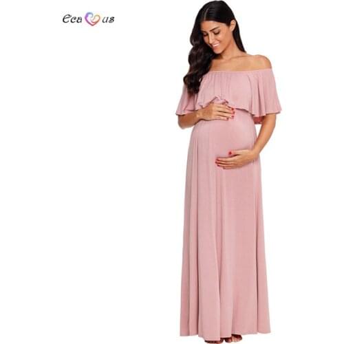 Ruffle Off Shoulder Maternity Dress Pregnancy Long Trim Maxi Summer Dress With Pleated Loose Comfortable Photography&Baby Shower