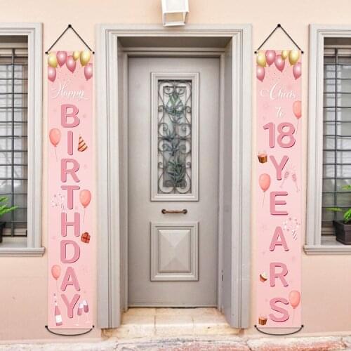 Pink 18 Year Birthday Door Banner Girl 18th Happy Birthbay Party Decor Wall Hanging Flag Cheer Princess Eighteen Birthday Supply