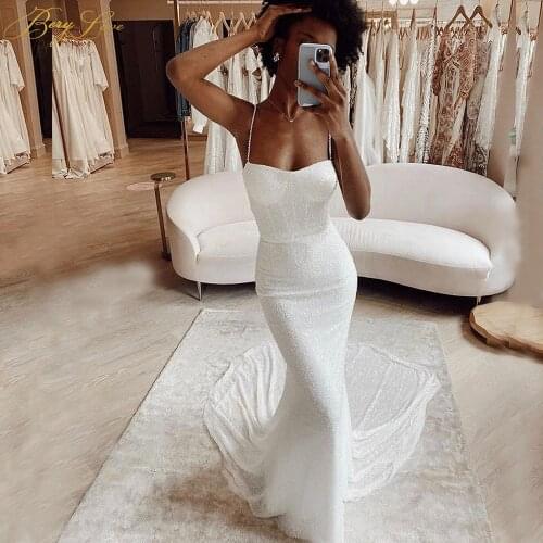 Ivory Sequin Wedding Dresses Mermaid Sexy Backless Bridal Dress Long Tail Fit Boned Sparkle Wedding Gown Shiny Robe De Mariee