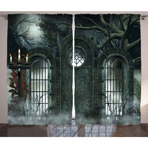 Horror House Curtains Moon Halloween Gothic Gate Living Room Decor Curtains Bedroom Window Drapes Curtains for Kitchen