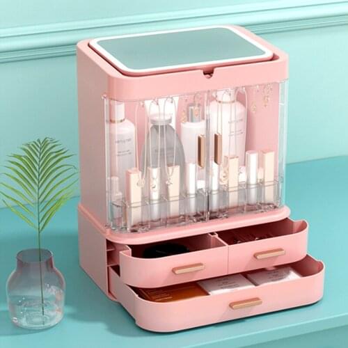 NewType Cosmetic Storage Box, Desktop Makeup Storage Box With Mirror Led Lamp, Dustproof Drawer Type Cosmetic Storage Box