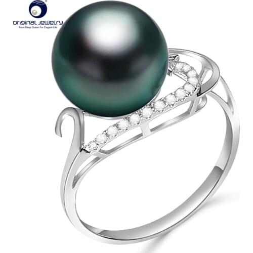 [YS] 18K Gold Pearl Ring Cultured 9-10mm Black Green Tahitian Pearl Ring