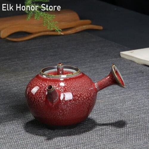 185ml Vintage Winered Kiln Fambe Teapot Coarse Ceramic Teakettle Handmade Temmoku Glaze Side Handled Teapot Puer Office Teaset