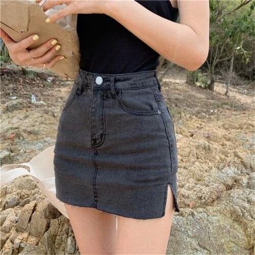 UVRCOS Korean Sexy Summer Short Denim Skirt Women Vintage High Waist Split Blue Jeans Skirt Gothic Mini Skirt Jupe Femme Faldas