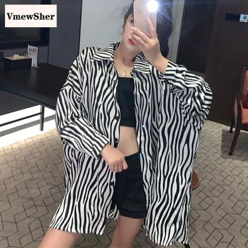 VmewSher Zebra Striped Printed Women Shirt Loose Oversize Long Sleeve Tops Turn-down Collar Single Breasted Spring Casual Blouse