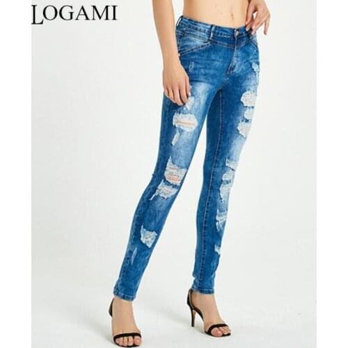 LOGAMI Midi Waist Ripped Jeans Woman Skinny Jeans for Women Elastic Slim Denim Pants Trousers