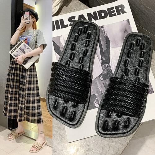 2021 Square Toe Slippers Flat Heel Women Embroidery Diamond Slides Shoes Summer Outdoor Beach Sandal Slipper Flip Flop