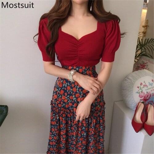 2021 Summer Knitted Pullover Knitwear Women Short Sleeve V-neck Slim Tops Korean Sexy Female Jumpers Sweater Femme