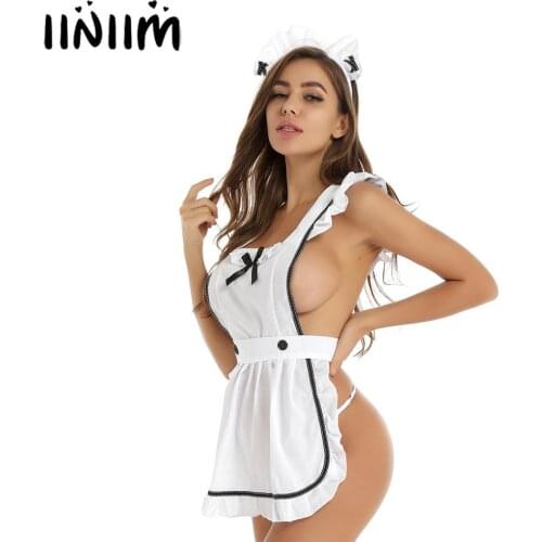 Womens Femme Lingerie Sexy hot Parties Maid Dress Up Retro Apron Kitchen Cooking Cleaning Dress Cosplay Sexy Costume with Thongs