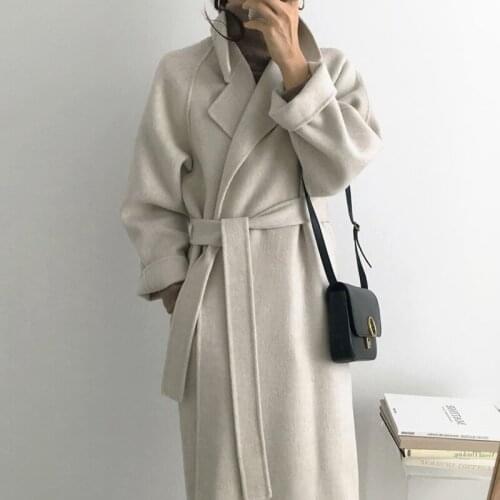 2021 Autumn New Elegant Fashion Long Warm Faux Wool Blends Full Sleeve Woolen Coat With Belt Solid Vintage Winter Women Clothes
