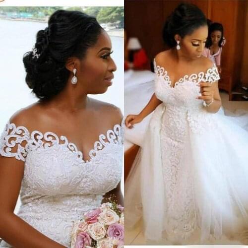 African Nigerian Mermaid Wedding Dresses Detachable Train Full Lace Applique Sheer Off The Shoulder Short Sleeve Bridal