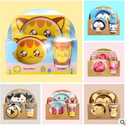 Bamboo fiber childrens tableware set baby grid dinner plate shatter-resistant cartoon rice bowl gift tableware