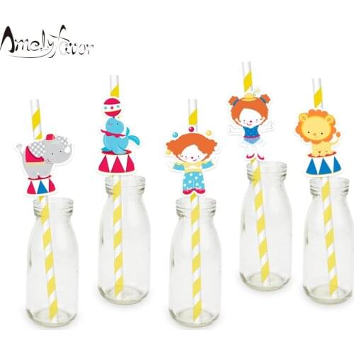 Circus Theme Party Straws Circus Paper Straws Monkey Lion Clown Elephant Birthday Graduation Event Party Decorations Supplies
