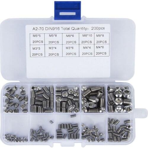 Flat Point Hexagon Socket Set Screws Headless Kit M3 M4 M5 M6 M8 304 Stainless Steel Metric Thread Grub Screw Kit 200 Pcs/set