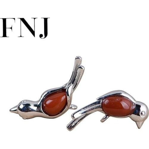 FNJ Red Agate Bird Earrings 925 Silver Original Pure S925 Sterling Silver Stud Earring Women Jewelry Vintage